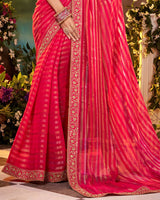 Vishal Prints Red Pink Fancy Chiffon Saree With Diamond Work And Designer Zari Border
