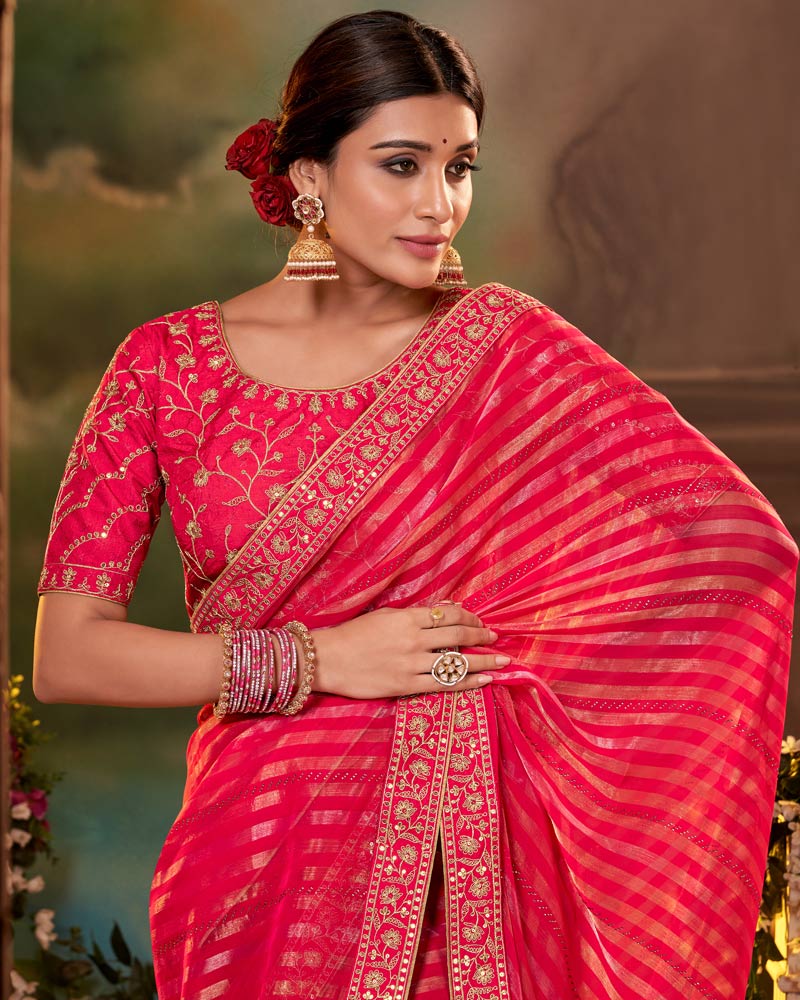Vishal Prints Red Pink Fancy Chiffon Saree With Diamond Work And Designer Zari Border