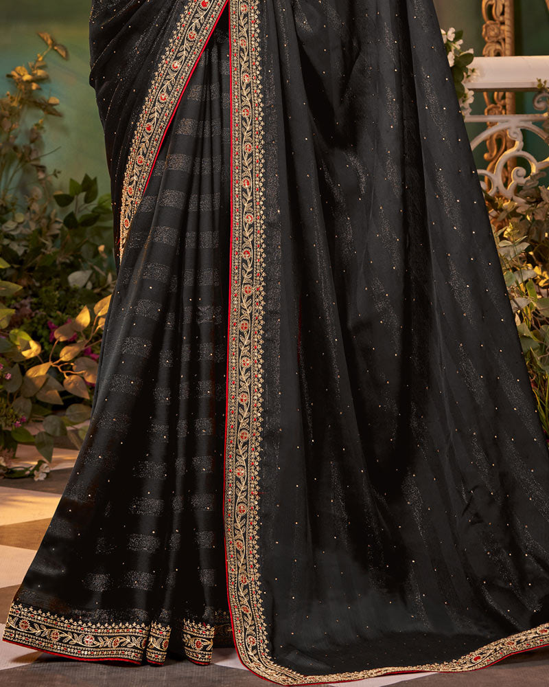 Vishal Prints Mine Shaft Grey Fancy Chiffon Saree With Diamond Work And Designer Zari Border