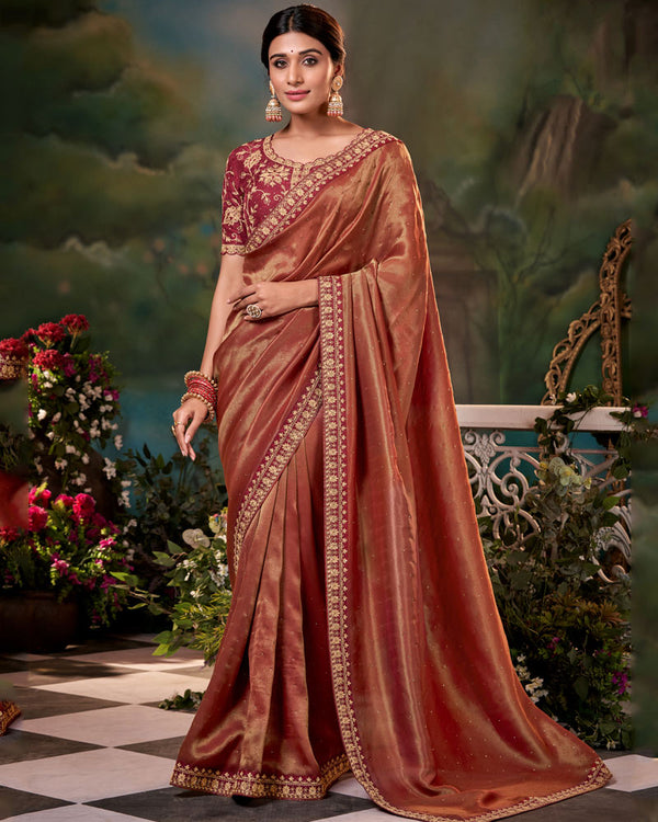 Vishal Prints Sepia Skin Orange Fancy Chiffon Saree With Diamond Work And Designer Zari Border