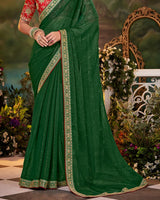 Vishal Prints Bottle Green Fancy Chiffon Saree With Diamond Work And Designer Zari Border