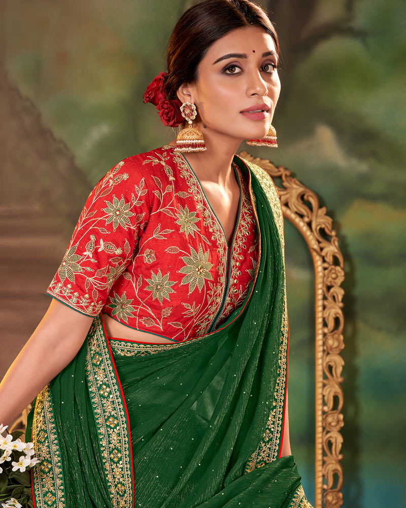 Vishal Prints Bottle Green Fancy Chiffon Saree With Diamond Work And Designer Zari Border