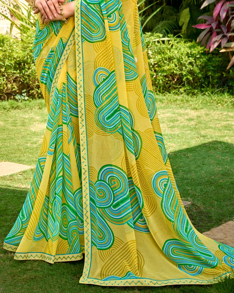Vishal Prints Summer Yellow Printed Georgette Saree With Embroidery Border