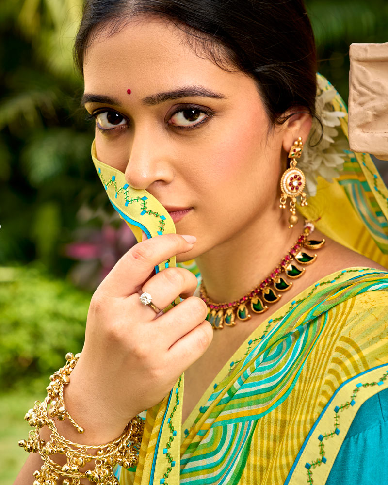 Vishal Prints Summer Yellow Printed Georgette Saree With Embroidery Border