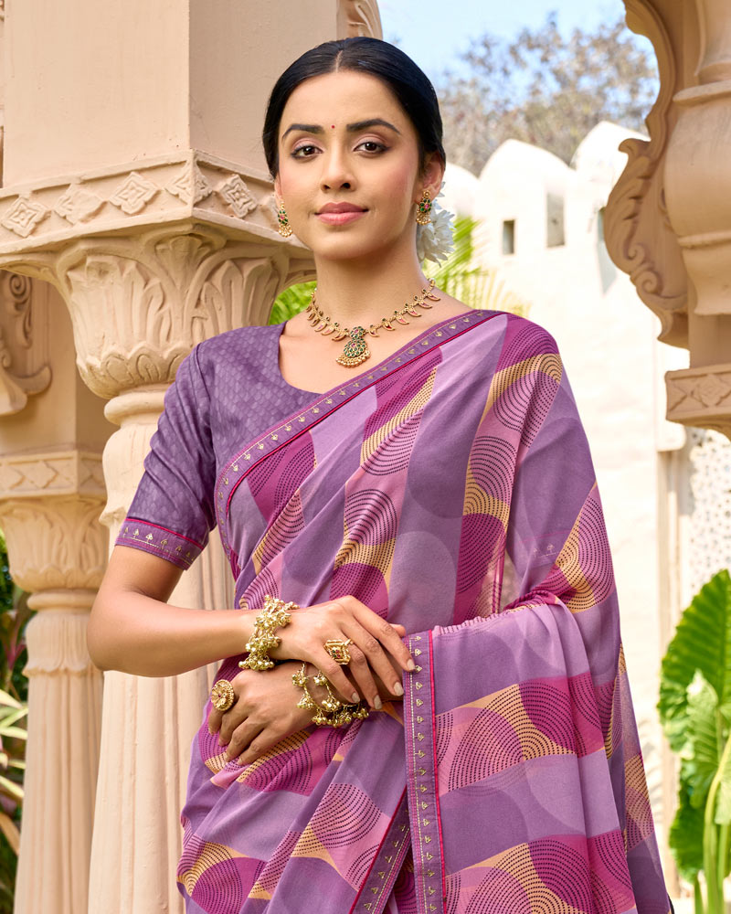 Vishal Prints Lavender Purple Printed Georgette Saree With Embroidery Border