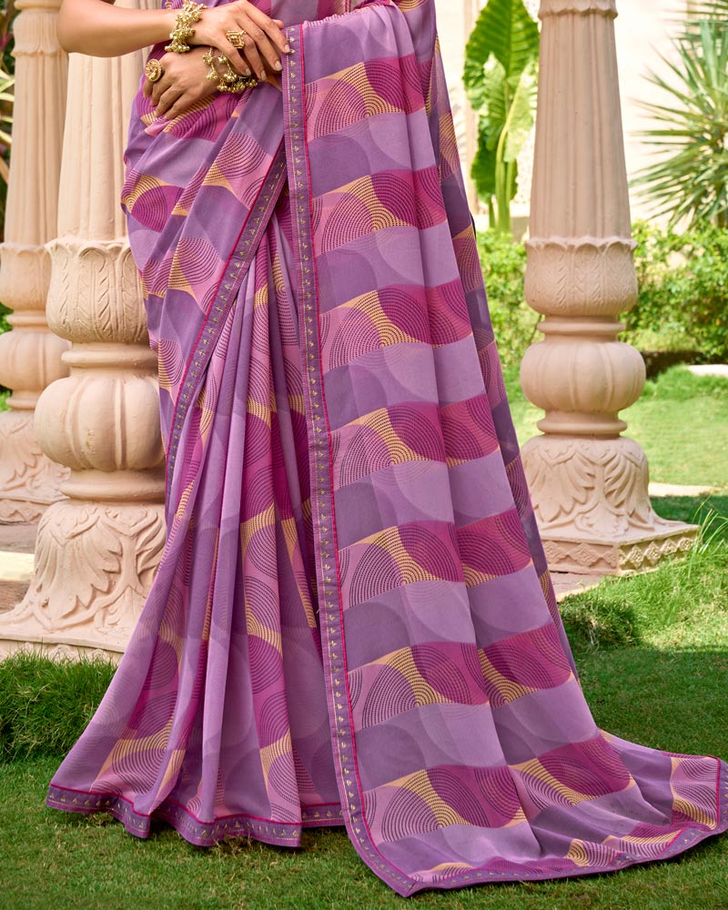 Vishal Prints Lavender Purple Printed Georgette Saree With Embroidery Border