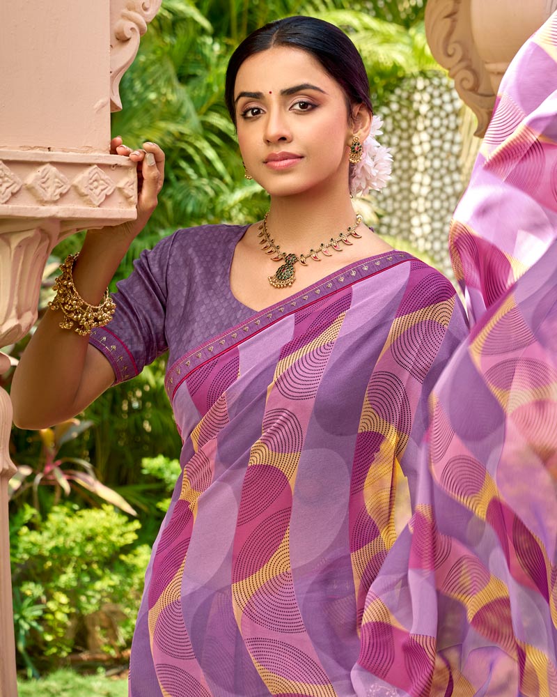 Vishal Prints Lavender Purple Printed Georgette Saree With Embroidery Border