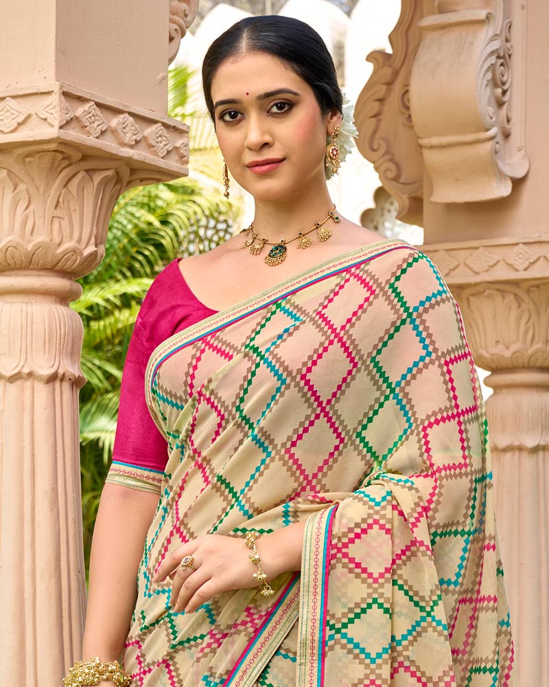 Vishal Prints Light Fawn Printed Georgette Saree With Embroidery Border