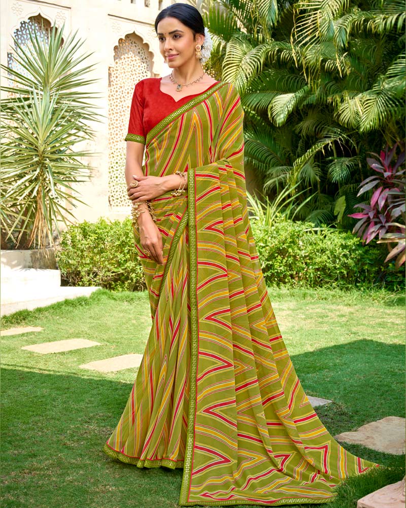 Vishal Prints Olive Green Printed Georgette Saree With Embroidery Border
