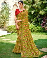 Vishal Prints Olive Green Printed Georgette Saree With Embroidery Border