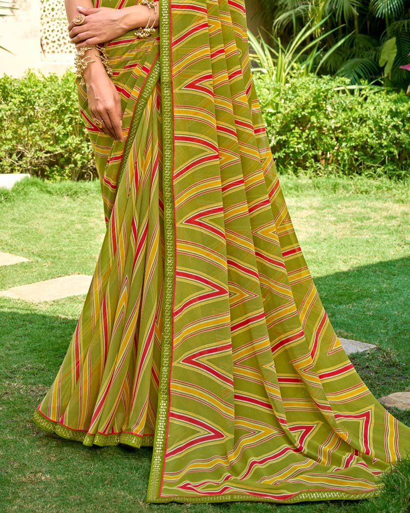 Vishal Prints Olive Green Printed Georgette Saree With Embroidery Border