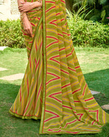 Vishal Prints Olive Green Printed Georgette Saree With Embroidery Border
