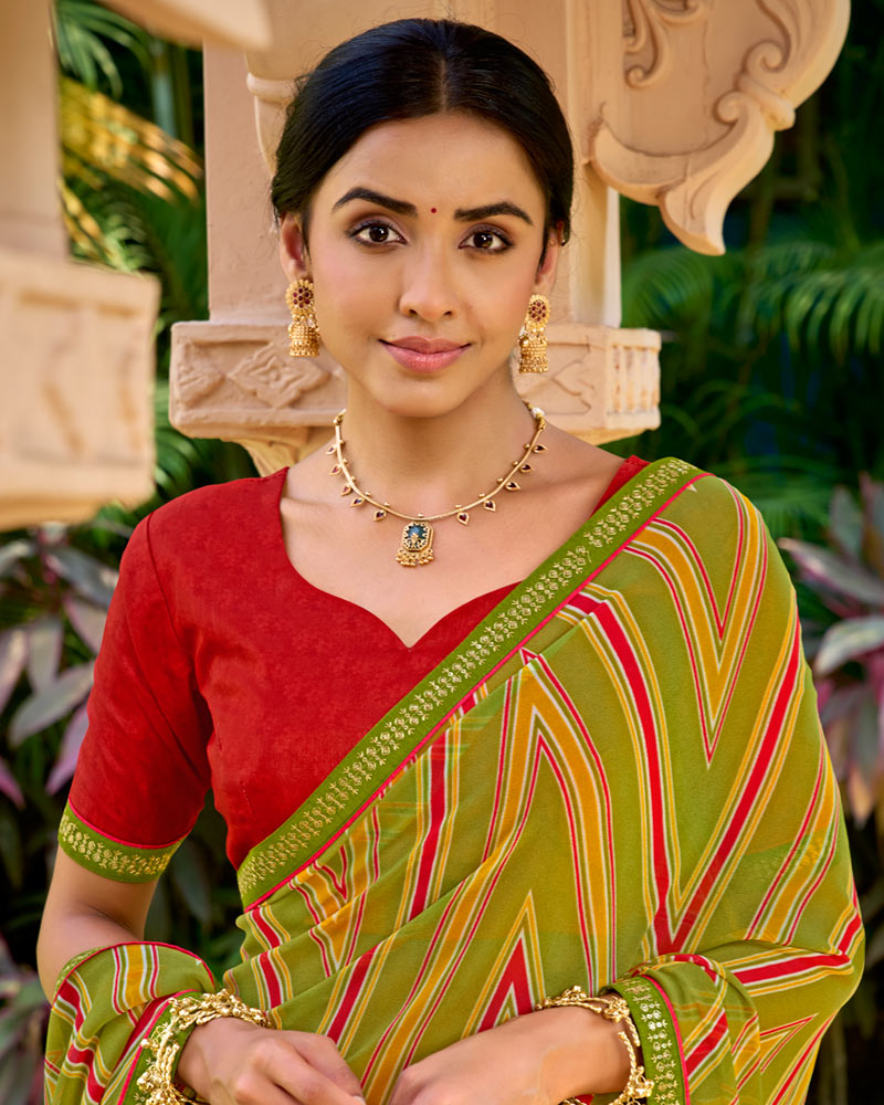 Vishal Prints Olive Green Printed Georgette Saree With Embroidery Border