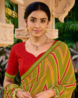 Vishal Prints Olive Green Printed Georgette Saree With Embroidery Border