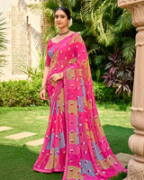 Vishal Prints French Rose Pink Printed Georgette Saree With Embroidery Border