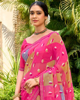 Vishal Prints French Rose Pink Printed Georgette Saree With Embroidery Border