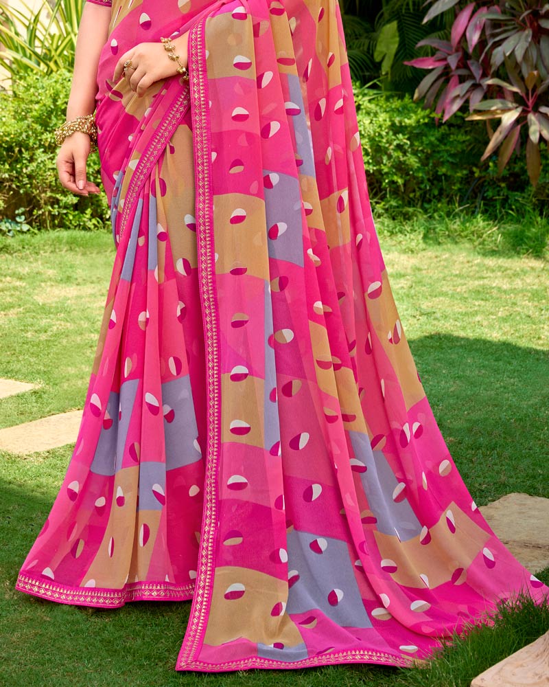 Vishal Prints French Rose Pink Printed Georgette Saree With Embroidery Border