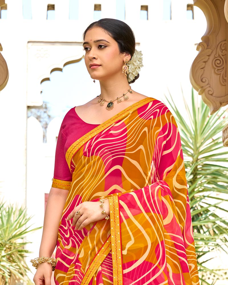Vishal Prints Rusty Orange Printed Georgette Saree With Embroidery Border