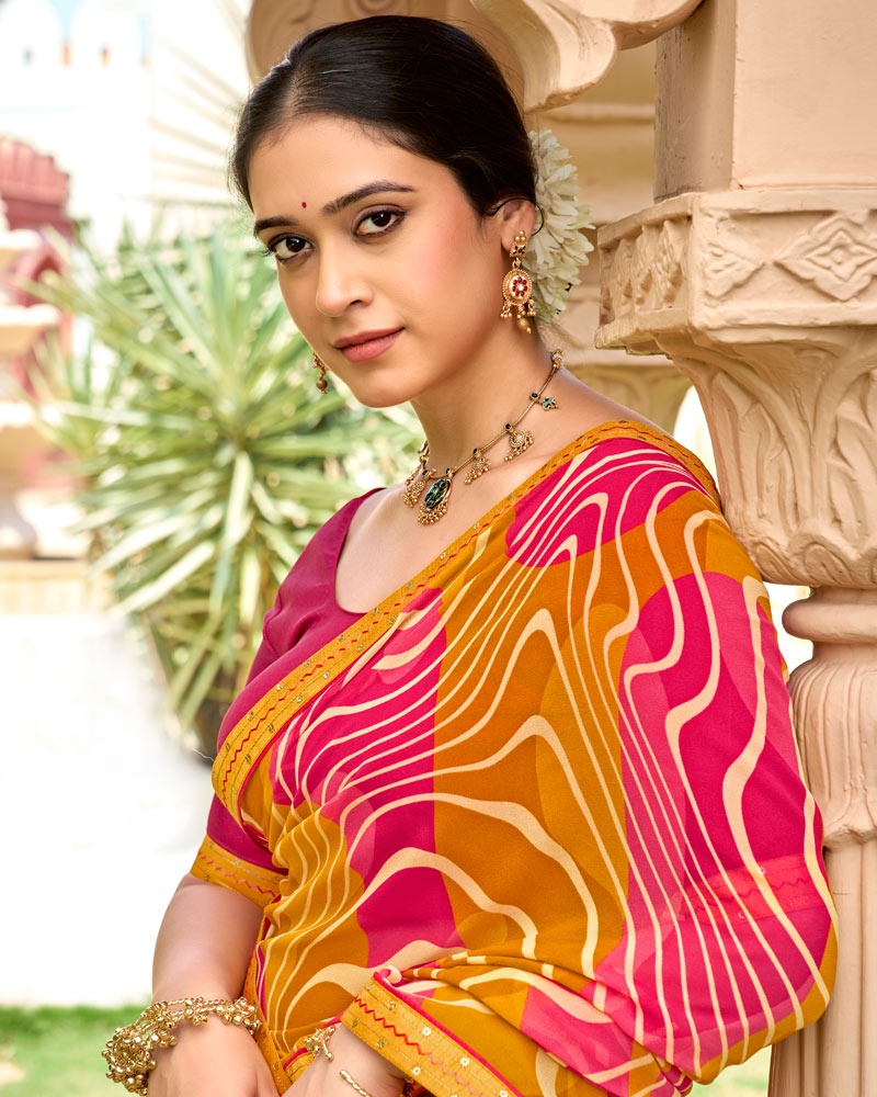 Vishal Prints Rusty Orange Printed Georgette Saree With Embroidery Border