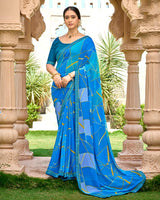 Vishal Prints French Blue Printed Georgette Saree With Embroidery Border