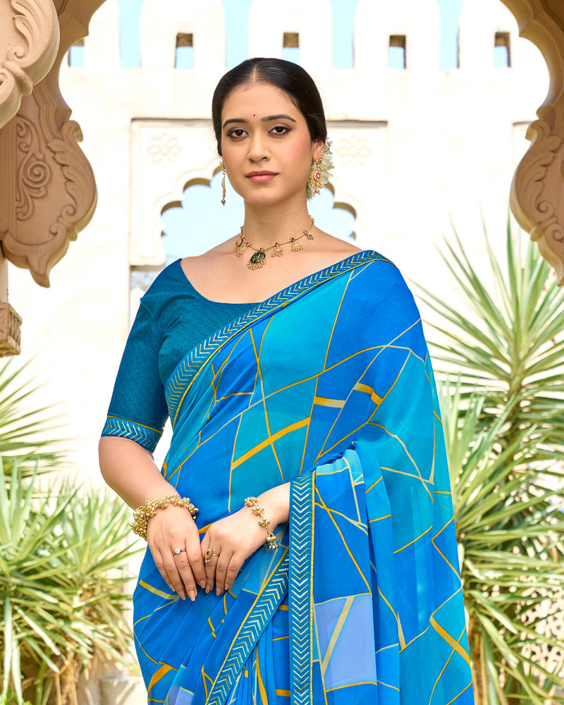 Vishal Prints French Blue Printed Georgette Saree With Embroidery Border