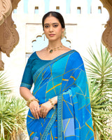 Vishal Prints French Blue Printed Georgette Saree With Embroidery Border