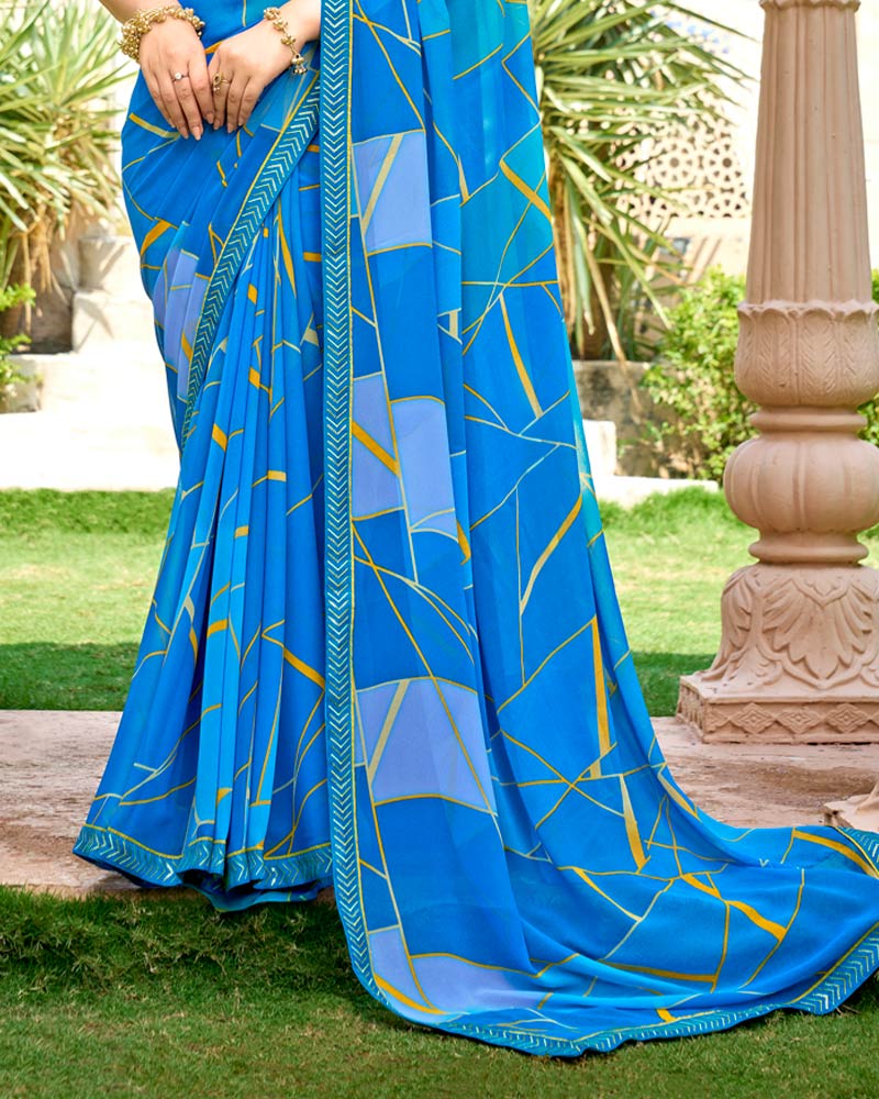 Vishal Prints French Blue Printed Georgette Saree With Embroidery Border