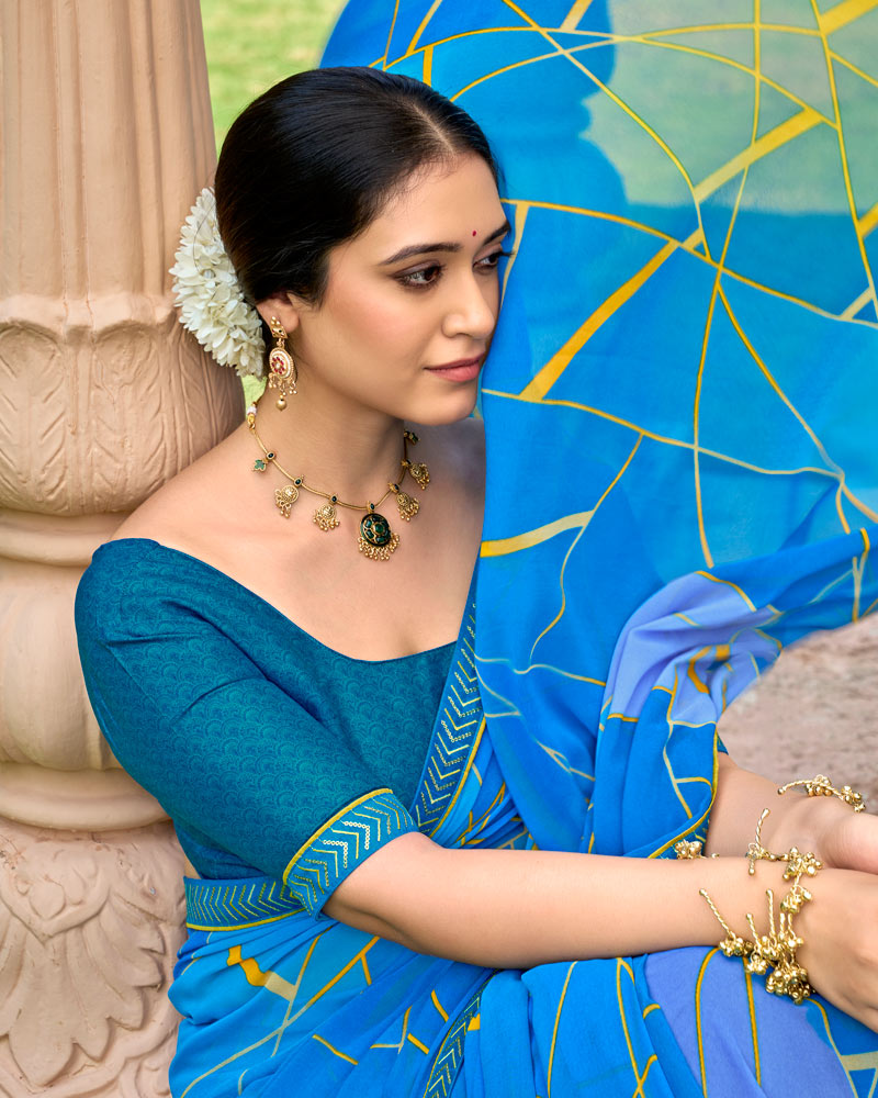 Vishal Prints French Blue Printed Georgette Saree With Embroidery Border
