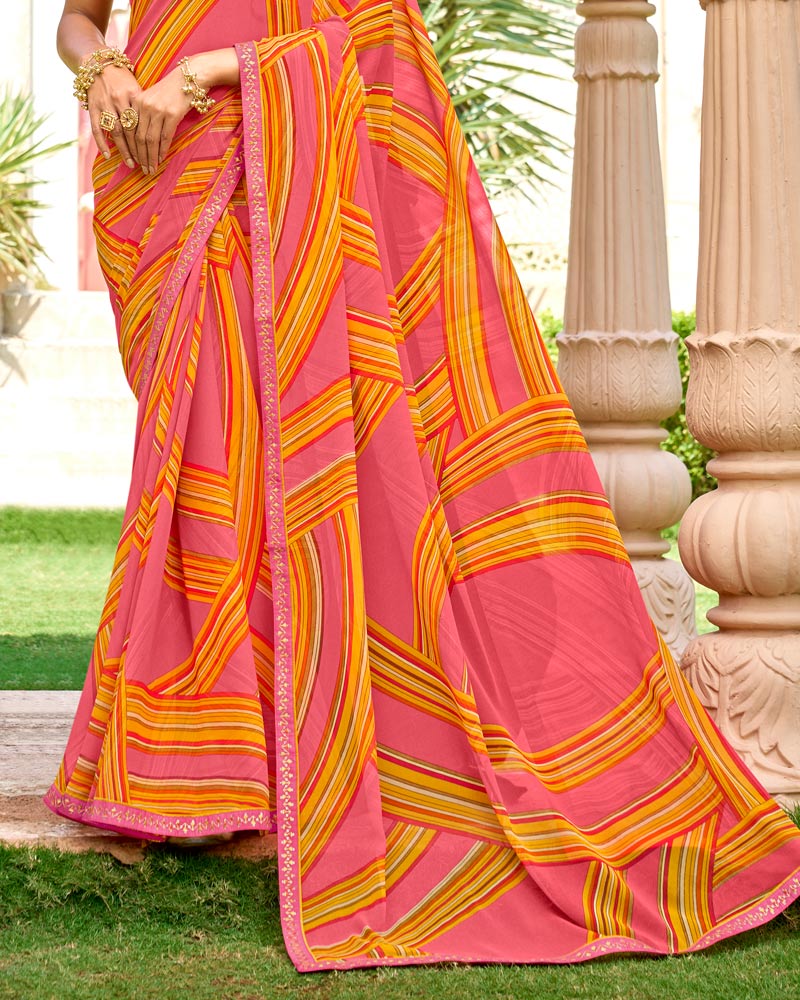 Vishal Prints Light Carmine Pink Printed Georgette Saree With Embroidery Border