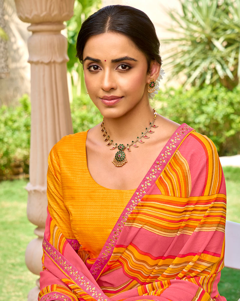 Vishal Prints Light Carmine Pink Printed Georgette Saree With Embroidery Border