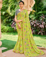 Vishal Prints Light Olive Green Printed Georgette Saree With Embroidery Border