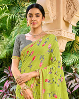 Vishal Prints Light Olive Green Printed Georgette Saree With Embroidery Border