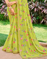 Vishal Prints Light Olive Green Printed Georgette Saree With Embroidery Border