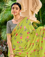 Vishal Prints Light Olive Green Printed Georgette Saree With Embroidery Border