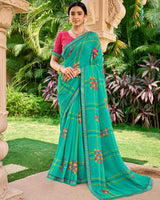 Vishal Prints Persian Green Printed Georgette Saree With Embroidery Border