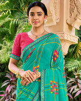 Vishal Prints Persian Green Printed Georgette Saree With Embroidery Border