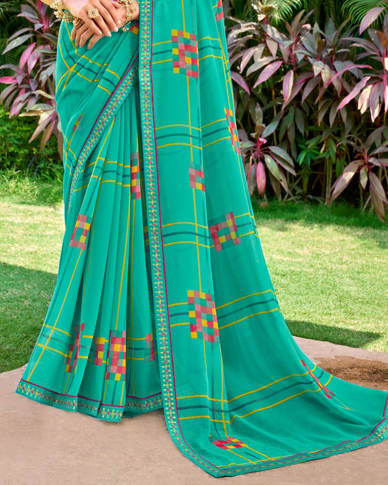 Vishal Prints Persian Green Printed Georgette Saree With Embroidery Border