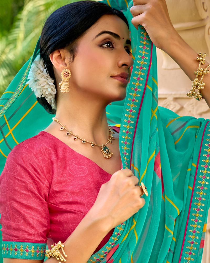 Vishal Prints Persian Green Printed Georgette Saree With Embroidery Border