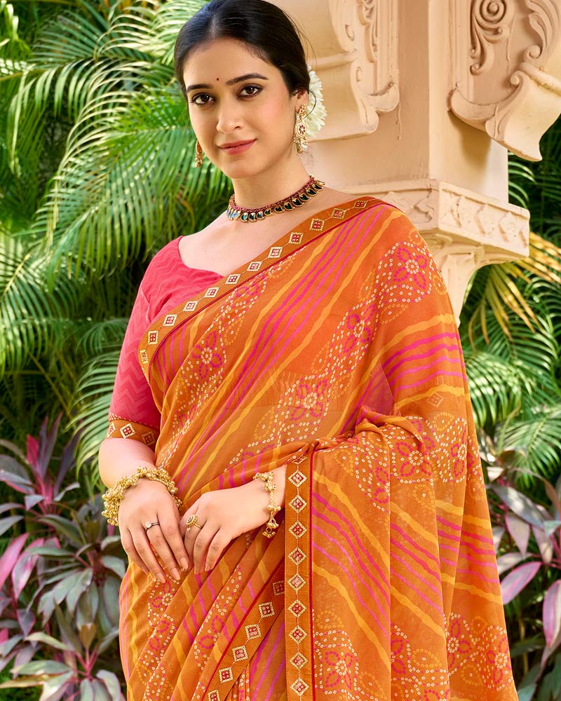 Vishal Prints Salmon Orange Printed Georgette Saree With Embroidery Border