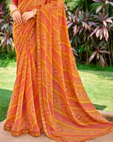 Vishal Prints Salmon Orange Printed Georgette Saree With Embroidery Border