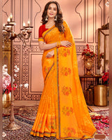Vishal Prints Yellowish Orange Designer Brasso Saree With Embroidery Work And Fancy Border