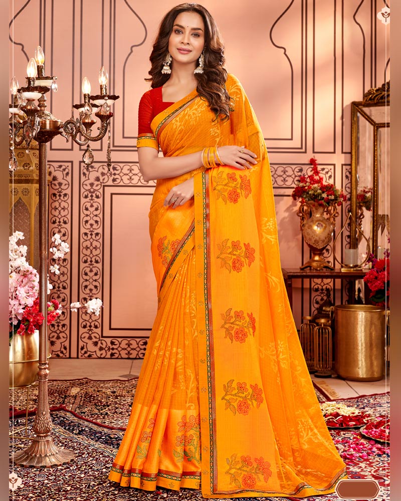 Vishal Prints Yellowish Orange Designer Brasso Saree With Embroidery Work And Fancy Border
