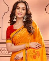 Vishal Prints Yellowish Orange Designer Brasso Saree With Embroidery Work And Fancy Border