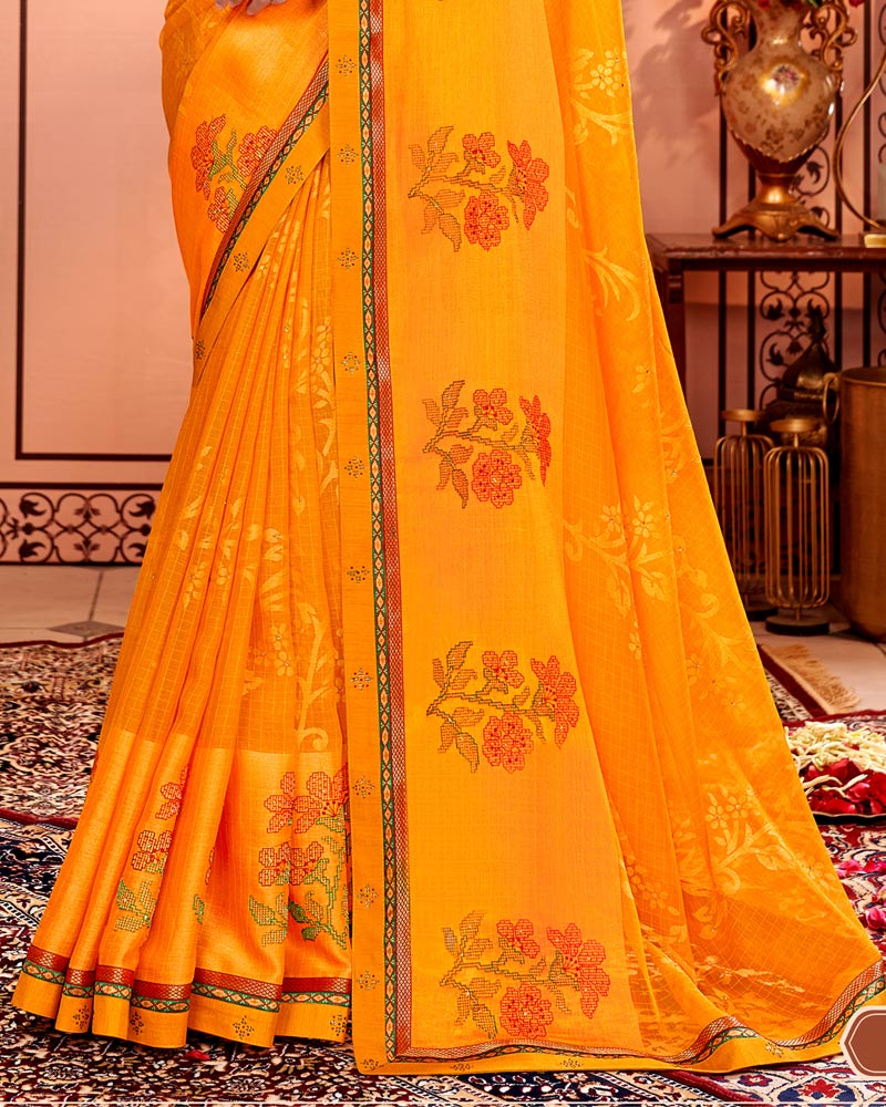 Vishal Prints Yellowish Orange Designer Brasso Saree With Embroidery Work And Fancy Border