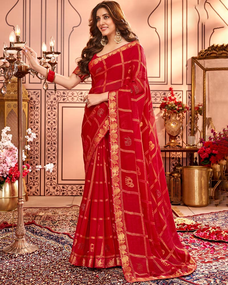 Vishal Prints Cherry Red Designer Brasso Saree With Diamond And Foil Work