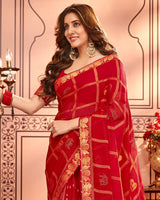 Vishal Prints Cherry Red Designer Brasso Saree With Diamond And Foil Work
