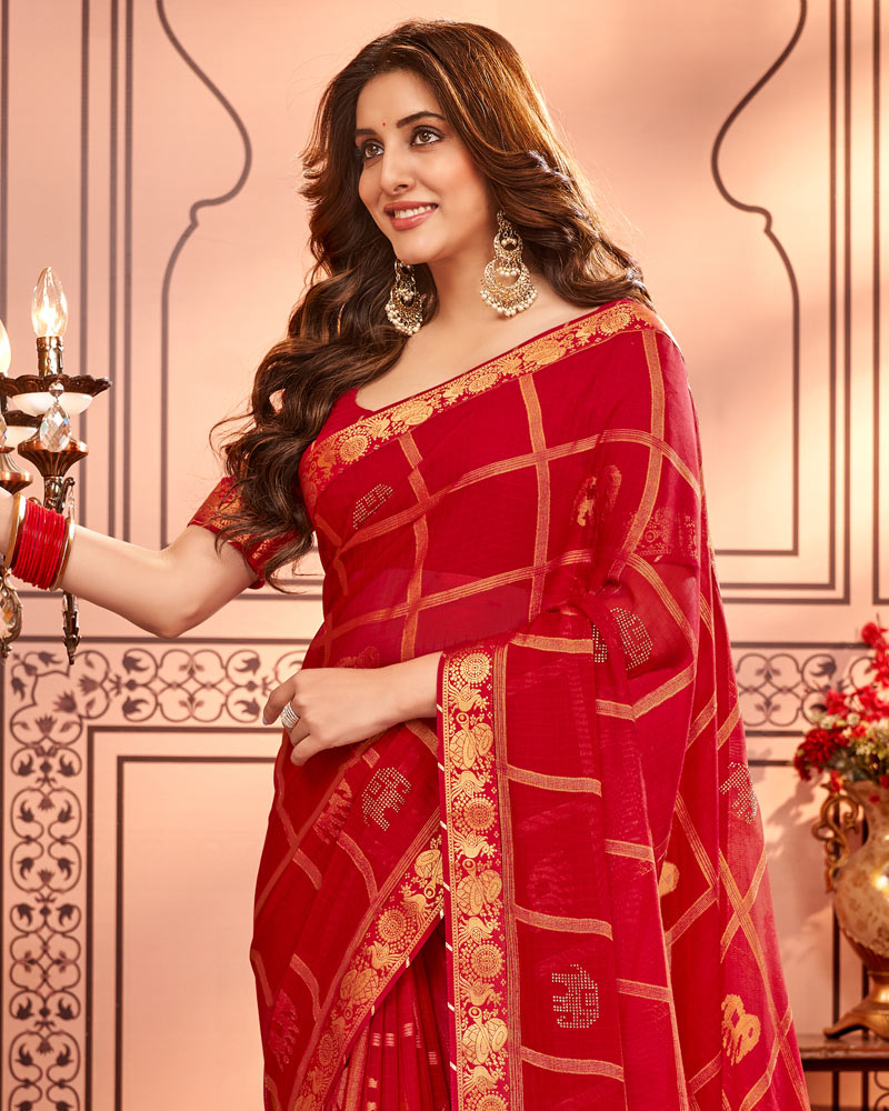 Vishal Prints Cherry Red Designer Brasso Saree With Diamond And Foil Work