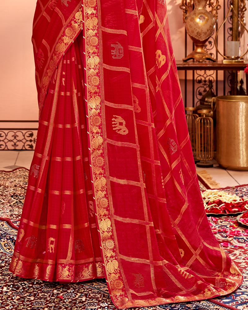 Vishal Prints Cherry Red Designer Brasso Saree With Diamond And Foil Work