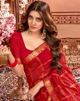 Vishal Prints Cherry Red Designer Brasso Saree With Diamond And Foil Work
