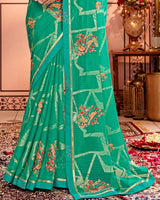 Vishal Prints Aqua Green Designer Brasso Saree With Embroidery Work And Fancy Border